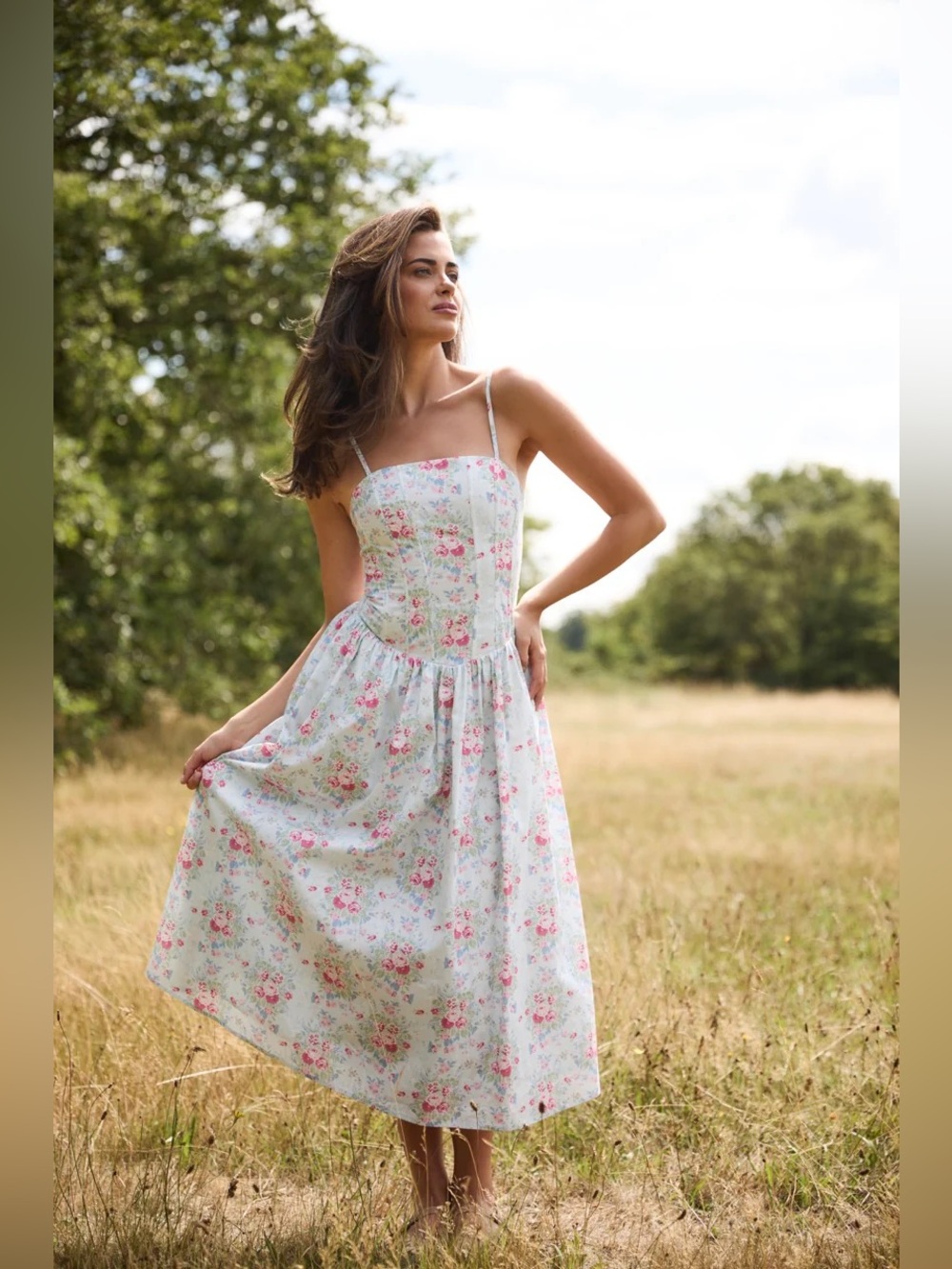 Amy Jane London Philippa Floral Corset Midi Dress Blue Sundress Medium